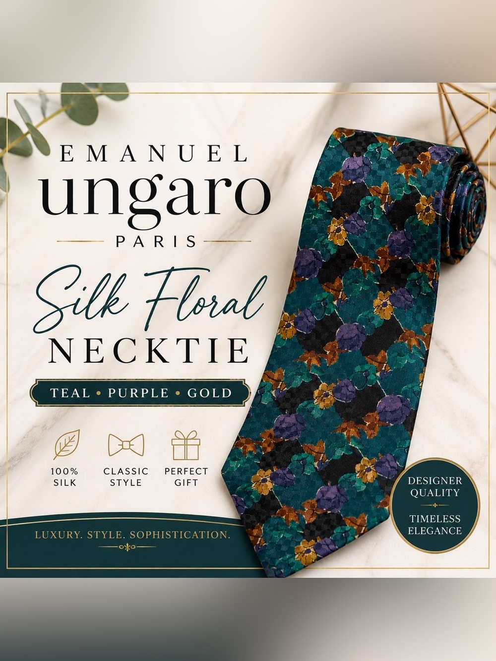 Emanuel Ungaro Paris 100% Silk Floral Necktie Teal Purple Gold Luxury Designer
